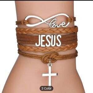 Women's bracelet leather cross Jesus braided brown new d59‎